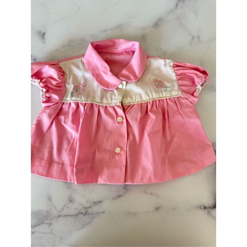 Vintage country blouse button up baby girl 0-3 month pink Rose embroidered puff